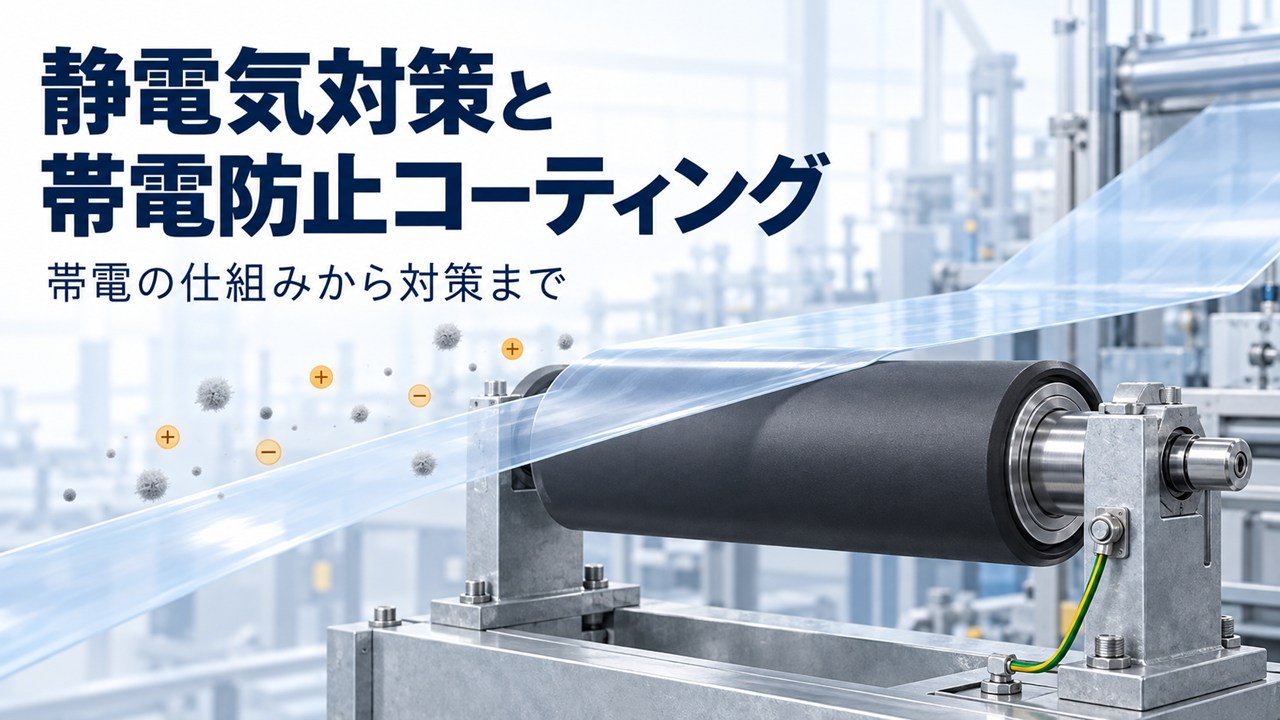 静電気対策と帯電防止コーティングをイメージした、フィルム搬送ローラーのイラスト