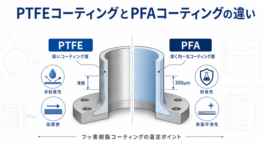 部品の断面図で、PTFEは薄いコーティング、PFAは厚いコーティングを示す比較図。纲述の特徴を対比。