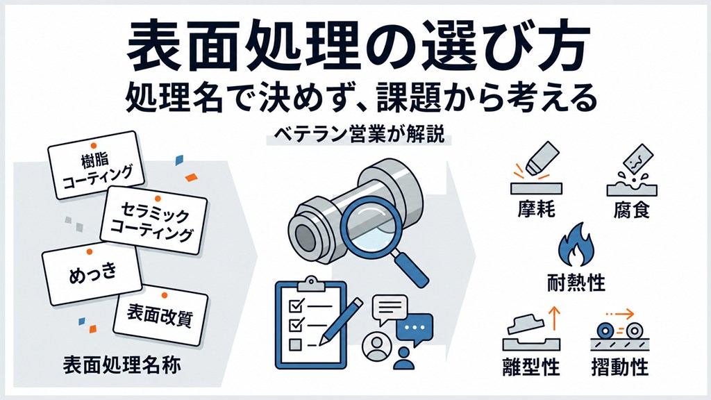 表面処理の選び方を解説するインフォグラフィック。左のカードに処理名、中央に拡大鏡とチェックリスト、右に特性アイコン。