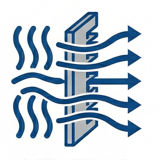 Illustration showing multiple blue air streams moving outward around a vertical barrier, indicating an air curtain effect for ventilation control