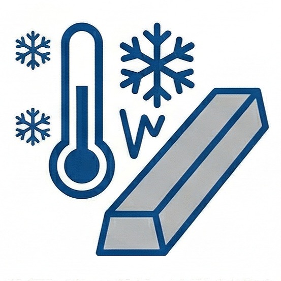Thermometer with snowflakes and a steel I‑beam, indicating cold/stress on metal.