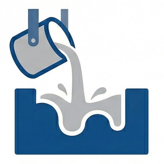 Illustration of a blue toilet bowl with a gray bucket pouring liquid into it, causing an overflow