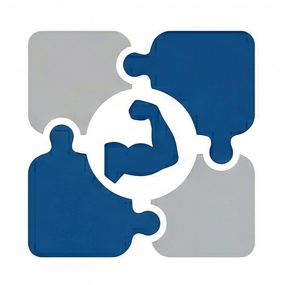 Four interlocking puzzle pieces surround a flexed arm, symbolizing teamwork and strength.
