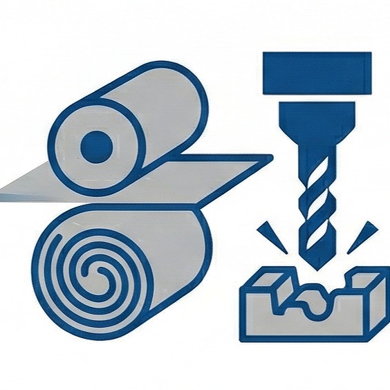 Blue line art showing two rolls of material (one unrolled) beside a drill bit above a notched block, symbolizing material fabrication or manufacturing processes.