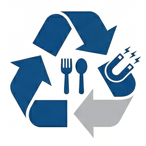 Blue recycling symbol formed by curved arrows enclosing a fork and spoon, with a magnet icon indicating eco-friendly recycling.