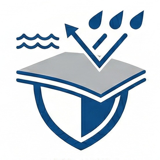Logo featuring a shield with an open book on top, plus waves and raindrops above, symbolizing water protection or waterproofing.