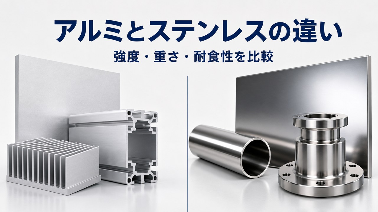 Split image comparing aluminum and stainless steel: left shows aluminum extrusion and heatsink; right shows stainless steel pipe and flange.