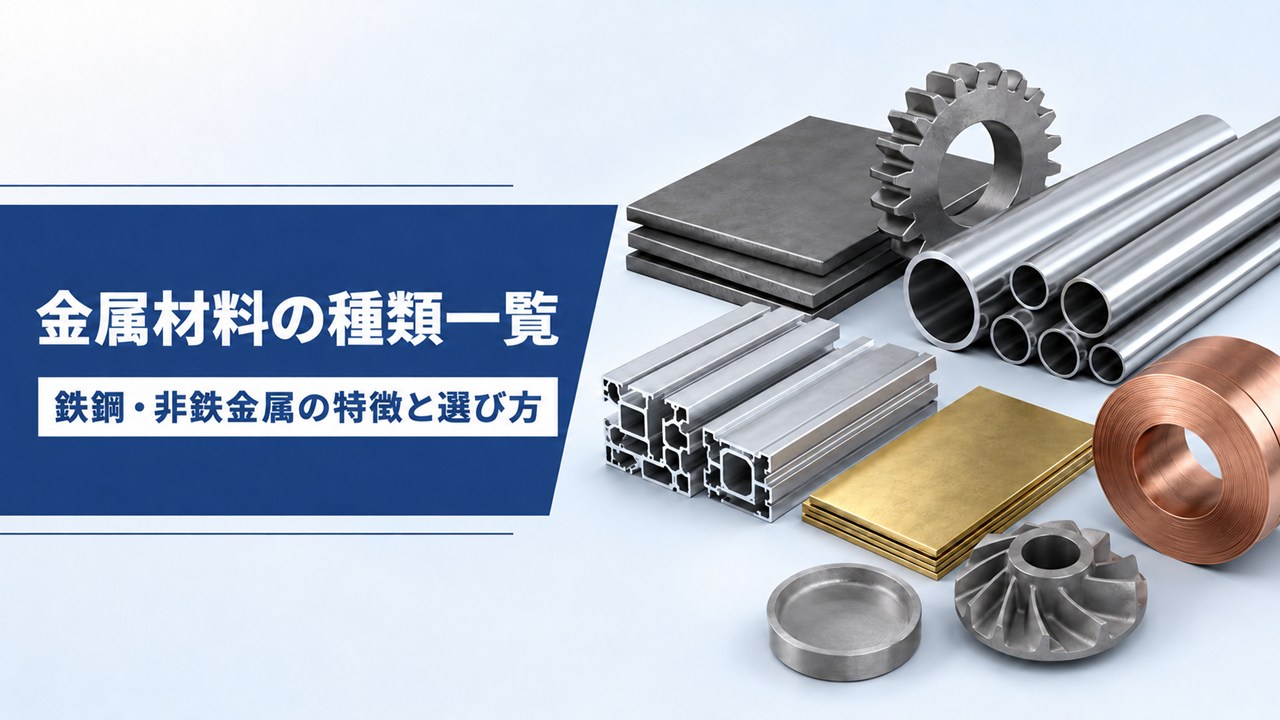 Blue banner with Japanese text '金属材料の種類一覧' and '鉄鋼・非鉄金属の特徴と選び方'; metal bars, tubes, gears, sheets, and copper coil arranged on a light blue background to the right.