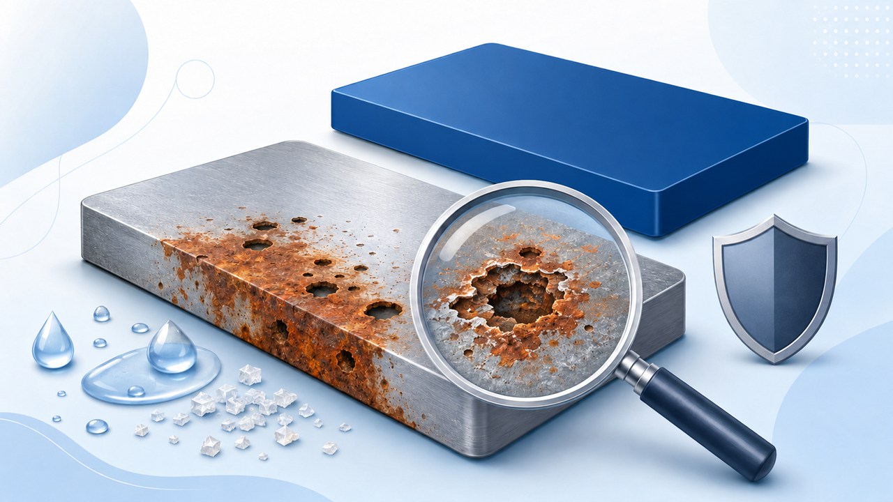 Rusty metal hard drive with a magnifying glass highlighting corrosion, suggesting data storage risk and security.
