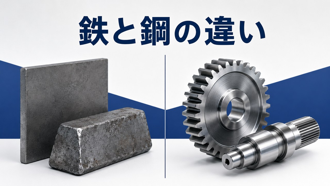 『鉄と鋼の違い』を示す対比図。左に鉄の塊、右に歯車状の鋼部品、中央に仕切り線。注目点の比較を示す画像。