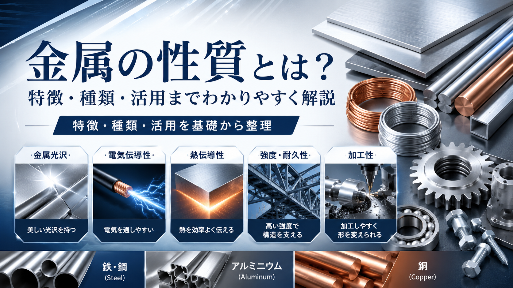 Infographic about metal properties showing steel, aluminum, and copper with related icons and Japanese text.