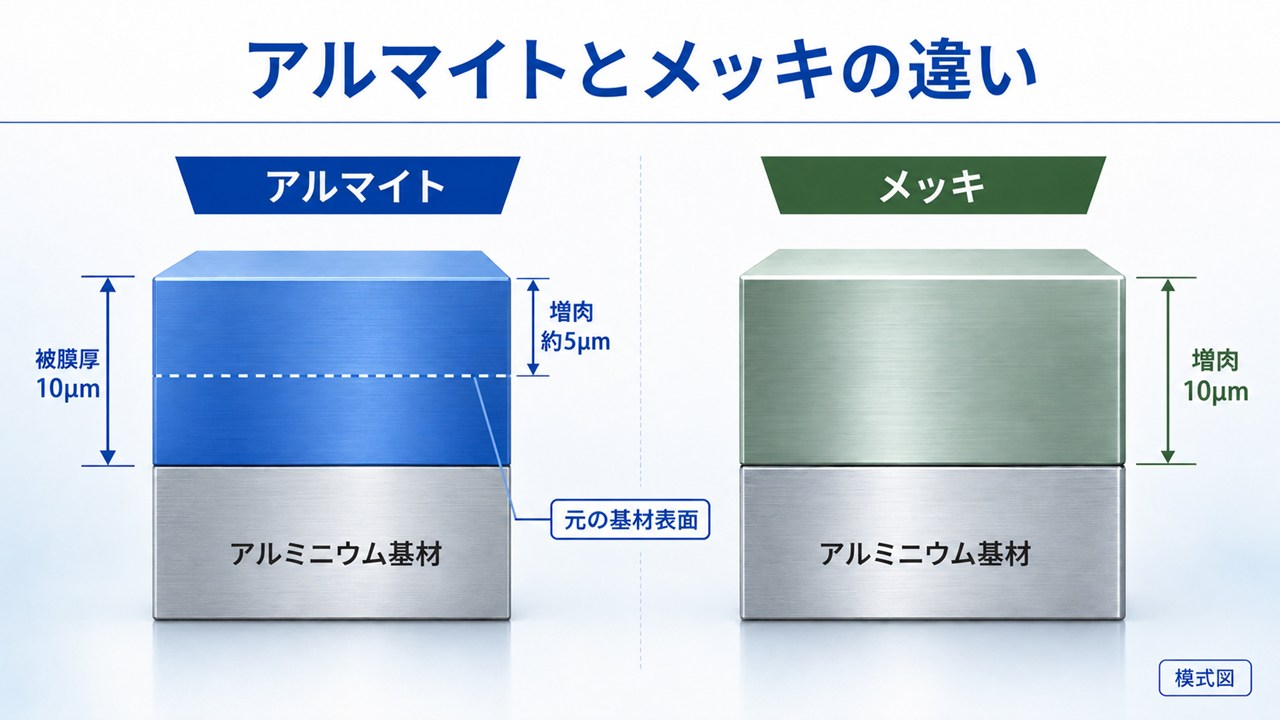 アルマイト被膜とメッキ被膜の形成方法の違いを示したアルミ部品の比較イラスト