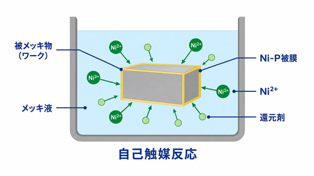 無電解ニッケルメッキでNi-P被膜が自己触媒反応により成長する仕組み