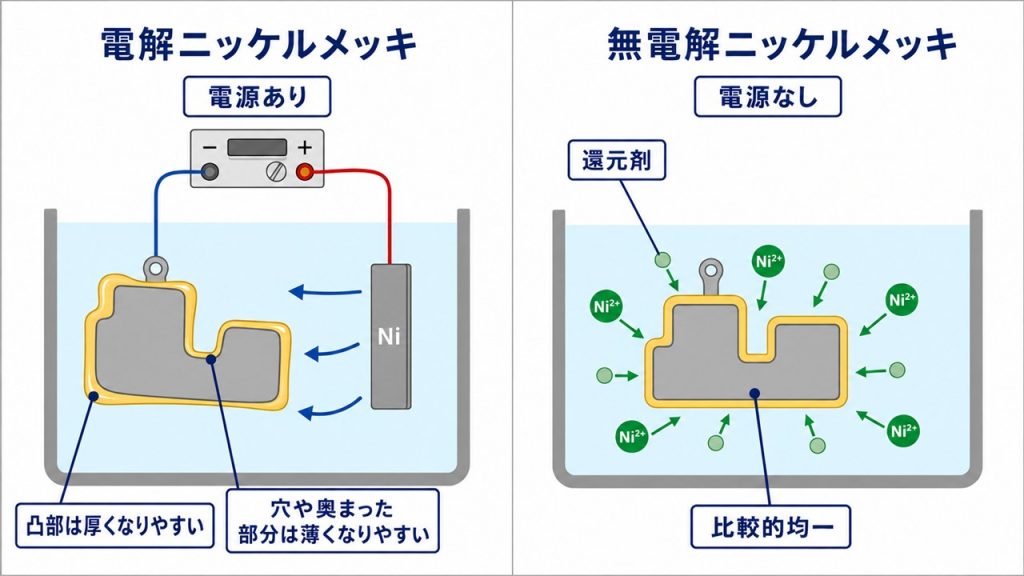 電解ニッケルメッキと無電解ニッケルメッキの膜厚分布の違い